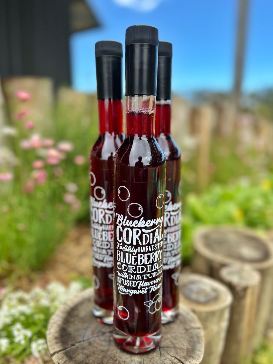 Three glass bottles of dark red blueberry cordial with black caps are arranged on a cut tree stump. The background is blurred, showing garden greenery and pink flowers.