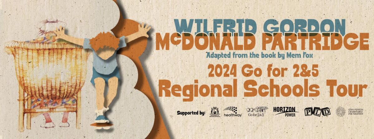 a cutout illustration of a red-haired child standing beside a crib on a textured beige background. Large text reads “Wilfrid Gordon McDonald Partridge” and “2024 Go for 2&5 Regional Schools Tour,” with sponsor logos along the bottom.