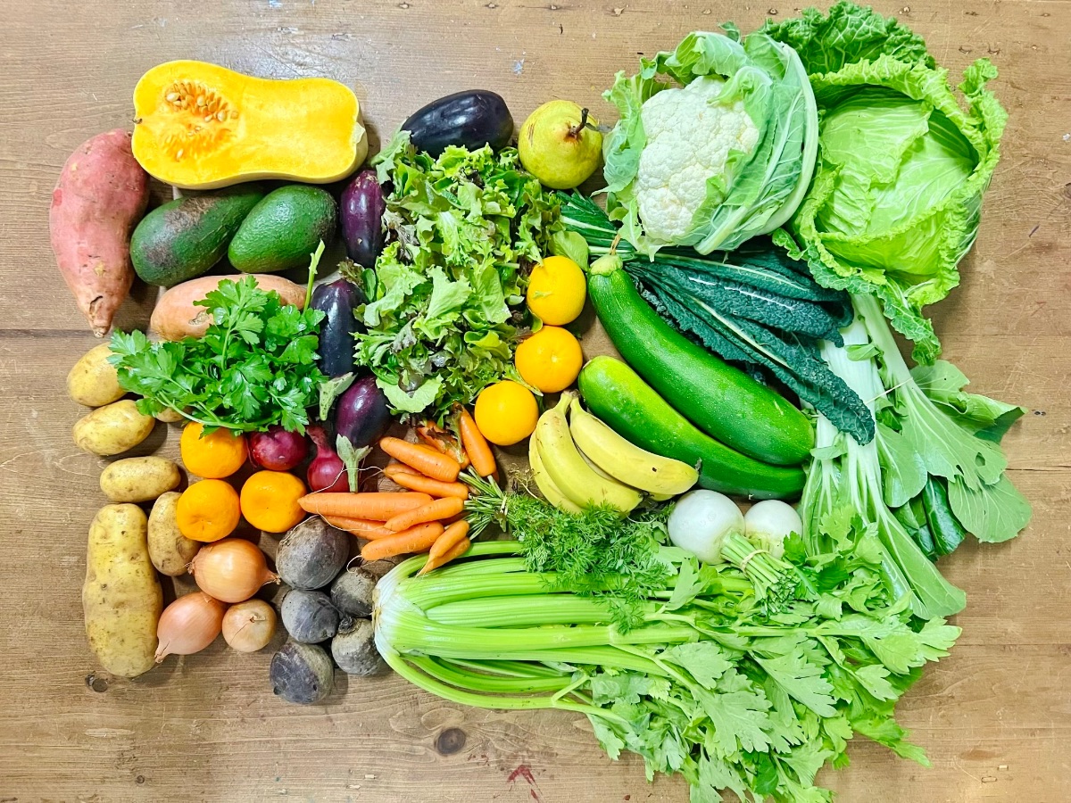 Assorted fresh produce arranged on a wooden table, including lettuce, cauliflower, cucumbers, celery, carrots, potatoes, onions, beets, avocados, aubergines, bananas, and oranges. A halved squash and leafy greens are also visible.