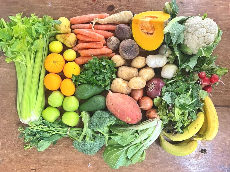 Assorted fresh produce arranged on a wooden table, including celery, carrots, parsnip, potatoes, onions, beets, squash, cauliflower, broccoli, leafy greens, radishes, and bananas. Also shown are apples, citrus fruits, and avocados grouped among the vegetables.
