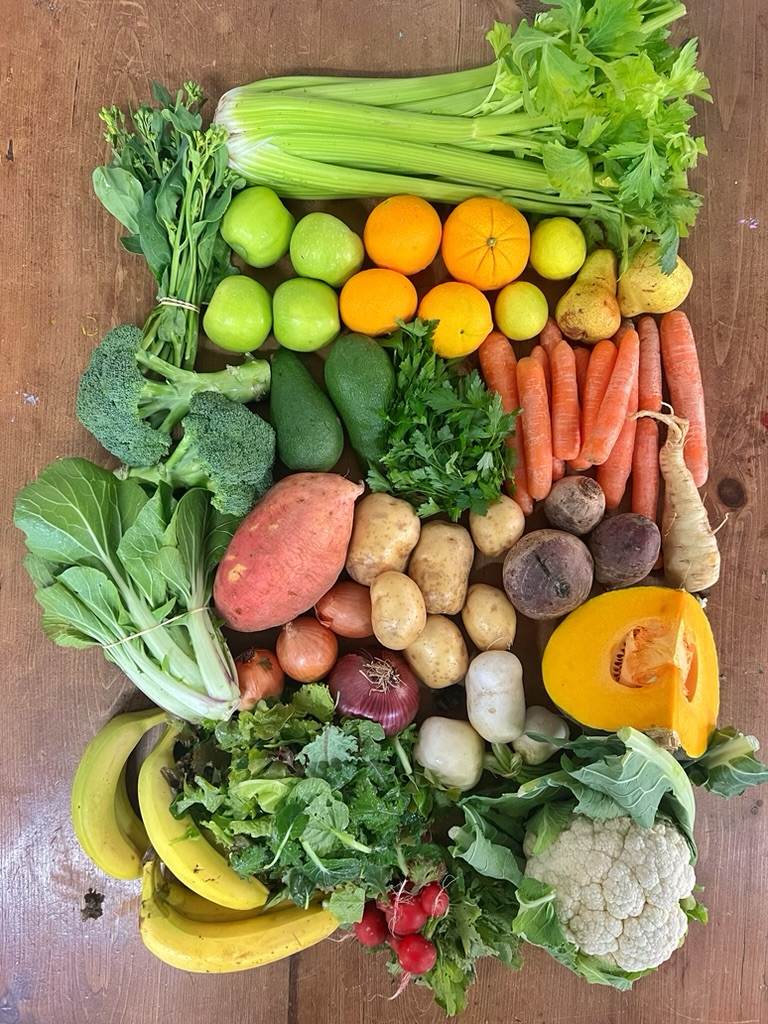 Assorted fresh produce arranged on a wooden table, including celery, carrots, broccoli, cauliflower, potatoes, sweet potato, onions, apples, oranges, pears, lemons, bananas, radishes, and leafy greens. A wedge of pumpkin/squash and a parsnip are also visible.