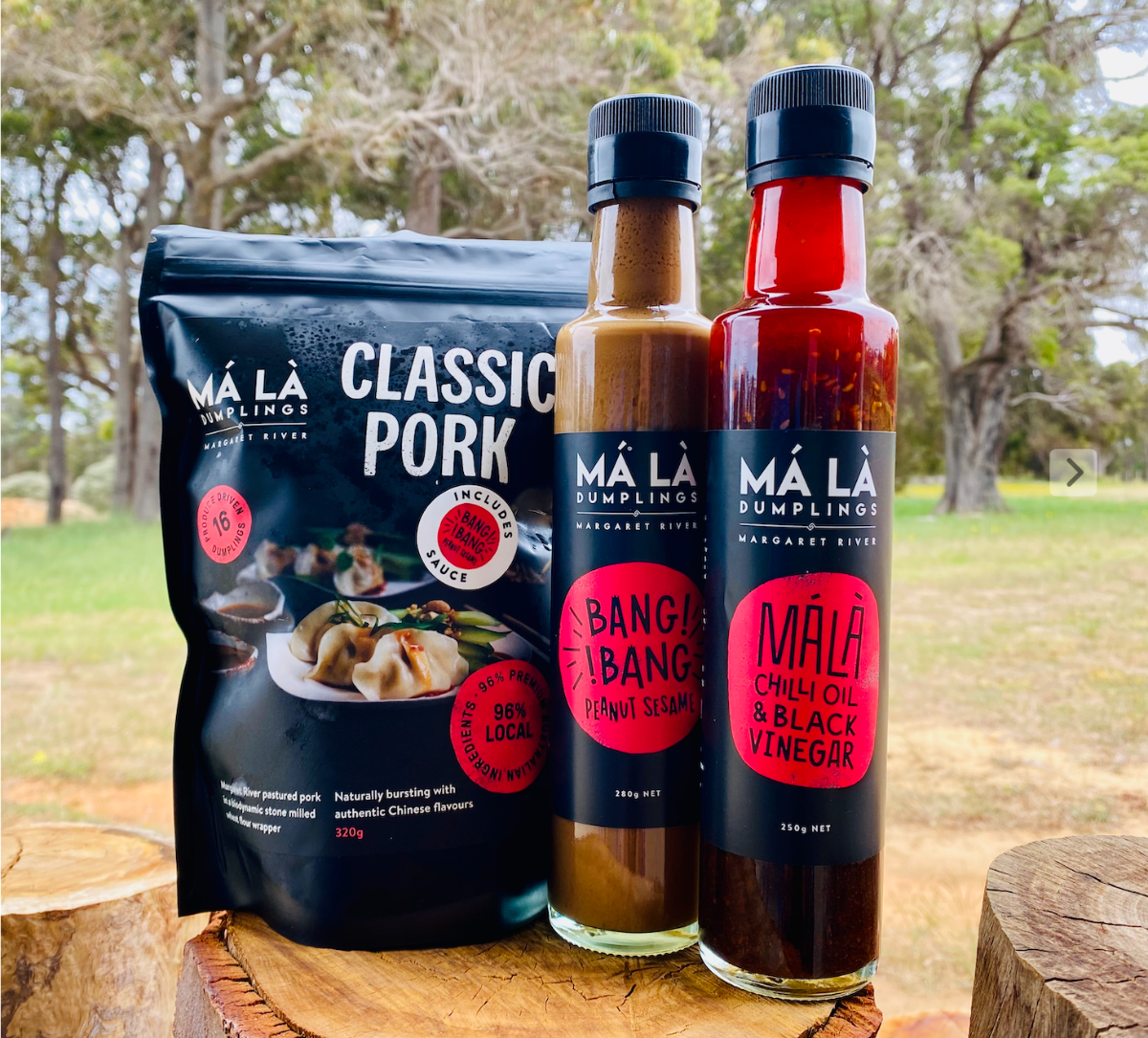 A black bag labeled “Má Là Dumplings Classic Pork” sits on a cut tree stump beside two sauce bottles. The bottles are labeled “Bang! Bang! Peanut Sesame” and “Málà Chili Oil & Black Vinegar,” with a blurred outdoor tree-filled background.