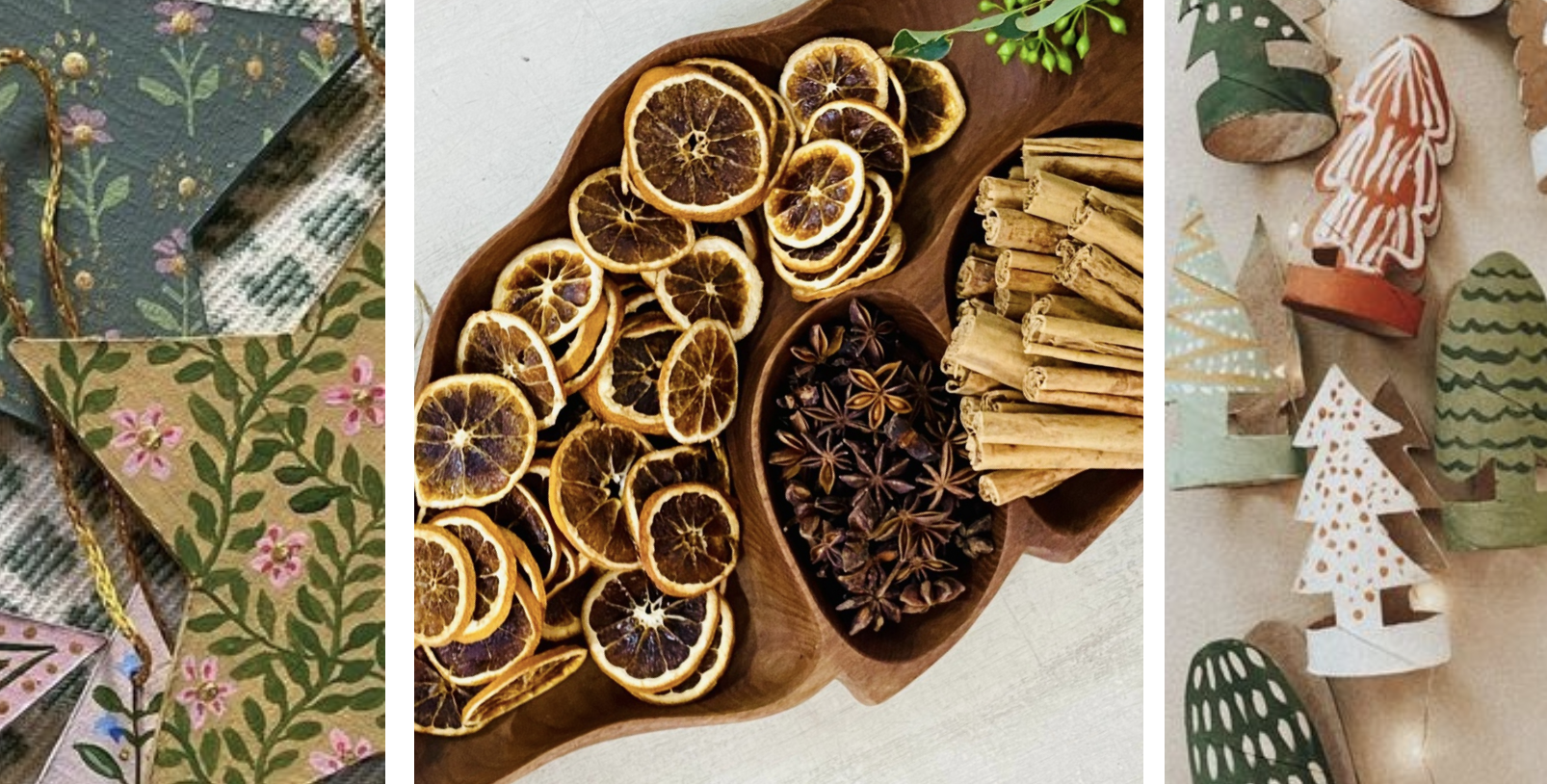 Three-panel collage: a floral gift tag and wrapping on the left, a wooden tray with dried orange slices, cinnamon sticks, and star anise in the center, and painted wooden Christmas tree decorations on the right.