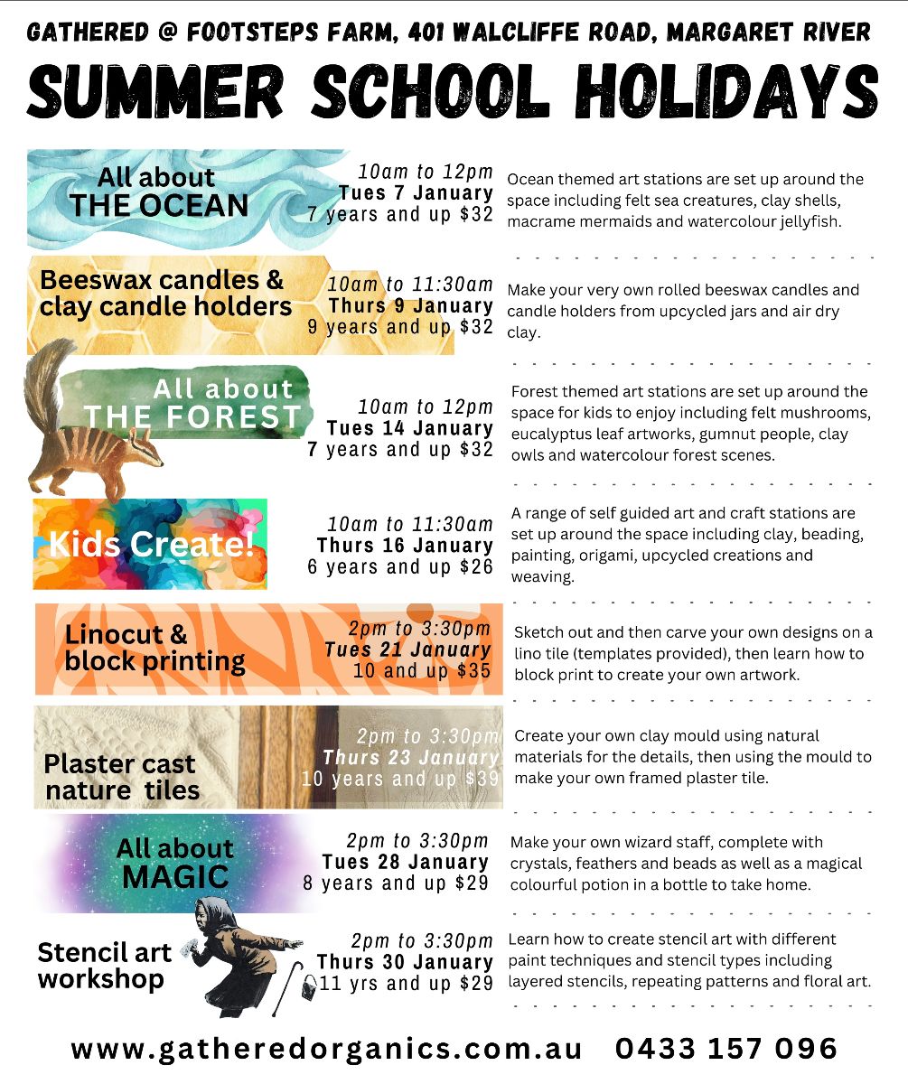 “Summer School Holidays” for Gathered @ Footsteps Farm, listing kids’ workshops with dates, times, ages, and prices in colored banner sections. Small illustrations include ocean waves, honeycomb, a squirrel, abstract paint, wood texture, a starry background, and a child stencil figure, with a website and phone number at the bottom.