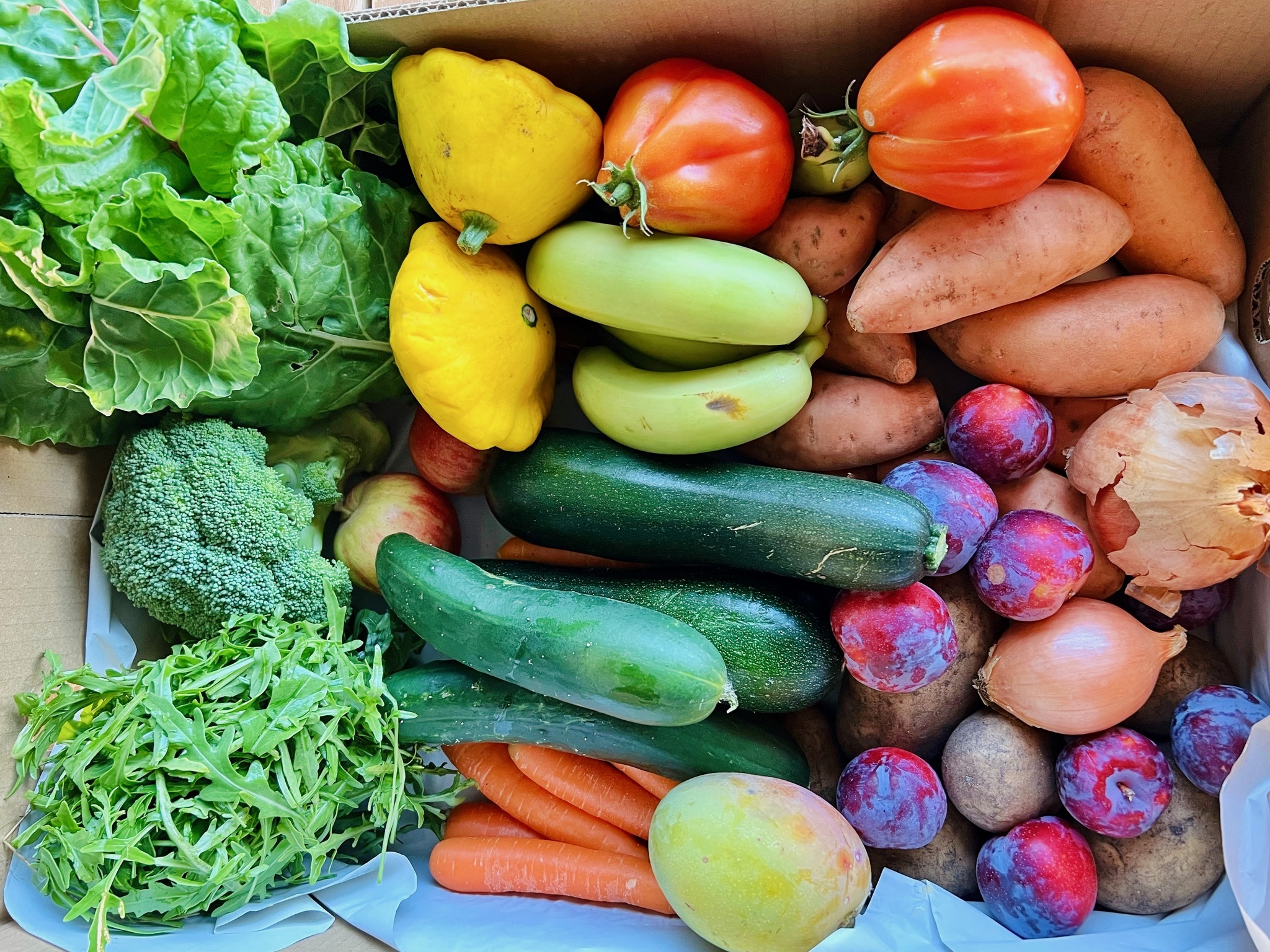 Open cardboard box filled with mixed produce: leafy greens, broccoli, arugula, carrots, cucumbers and courgettes, yellow and orange peppers, sweet potatoes, onions, apples, and plums. A mango and several potatoes are visible among the items.