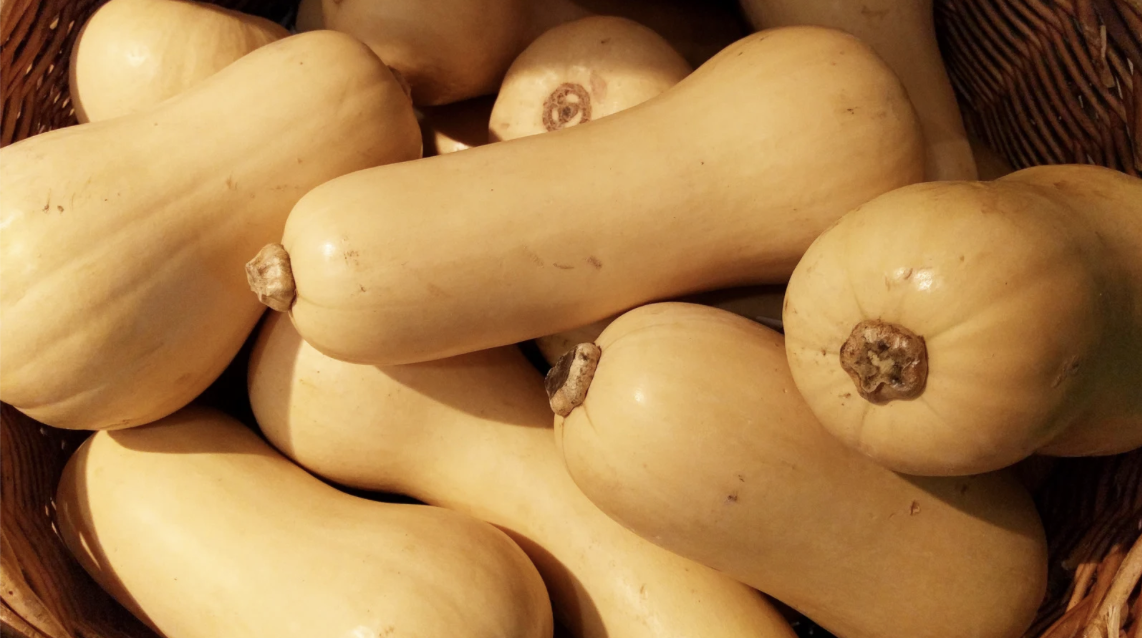 Close-up of several pale tan butternut squash piled together in a wicker basket. The squash fill the frame, showing their smooth skins and stem ends.