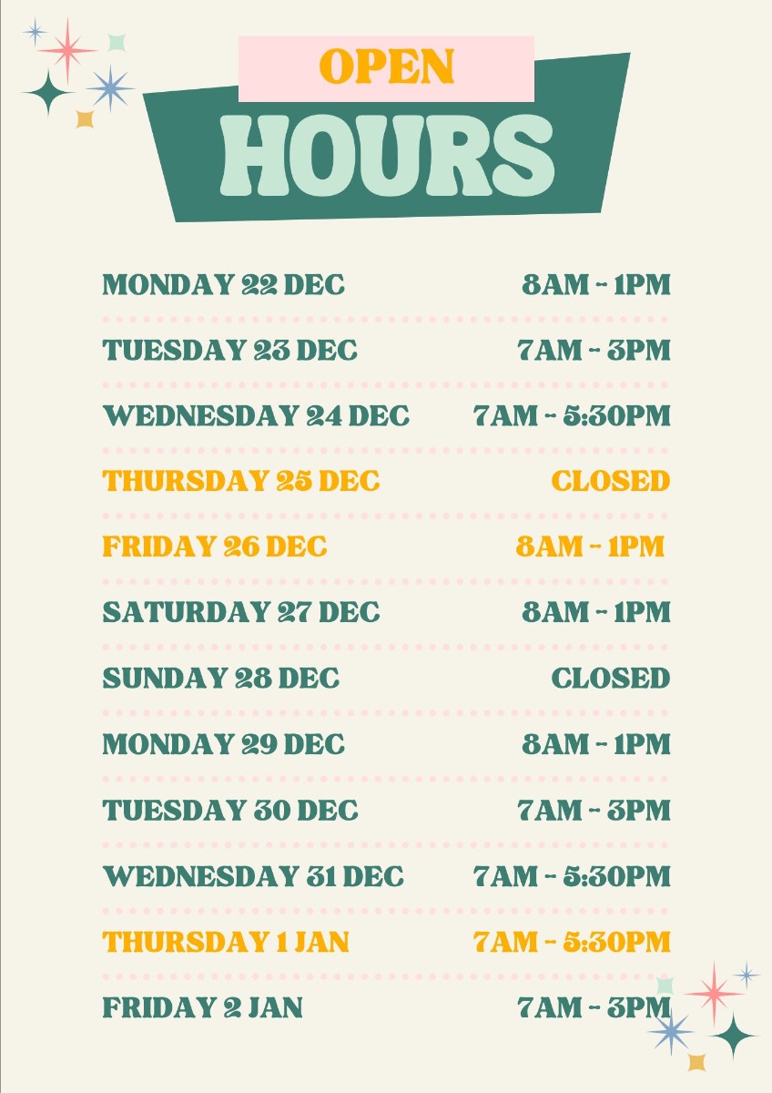  “Open Hours” with a list of dates from Monday 22 Dec to Friday 2 Jan and their opening times, including “Closed” on Thursday 25 Dec and Sunday 28 Dec. Decorative starburst icons appear in the top-left and bottom-right corners.