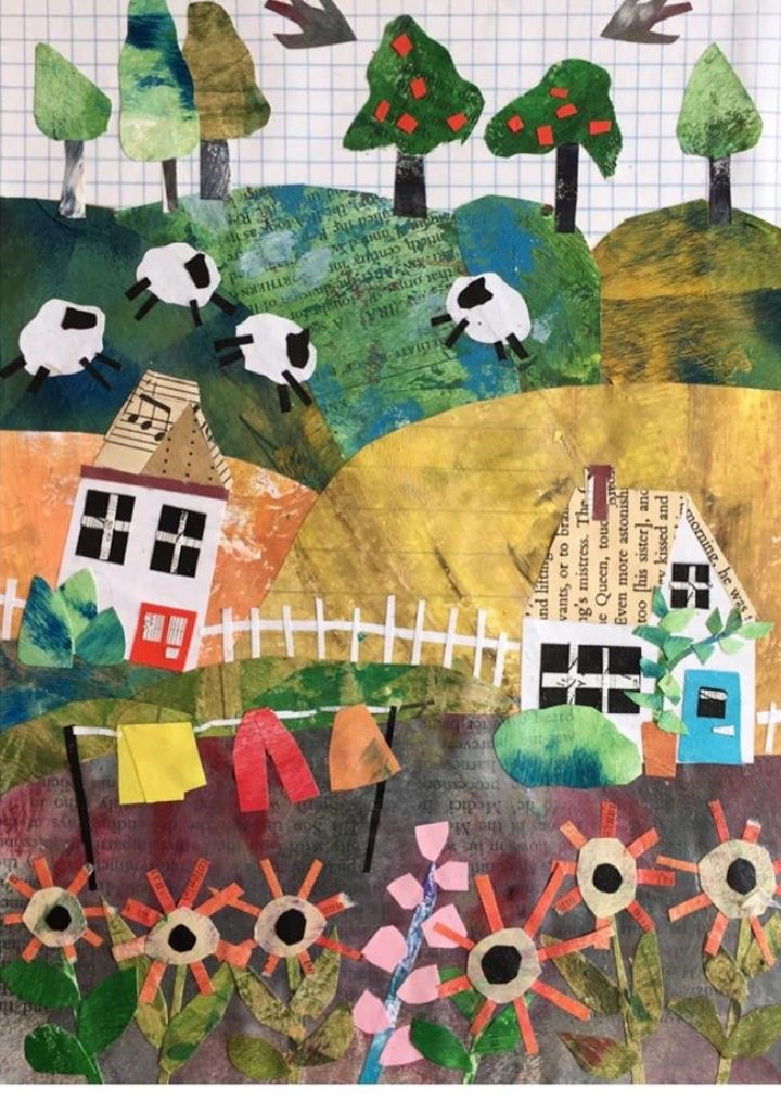 Collage-style illustration of rolling green hills with three sheep, trees, and two small houses behind a white fence. In the foreground are large paper flowers and a clothesline with colorful garments.