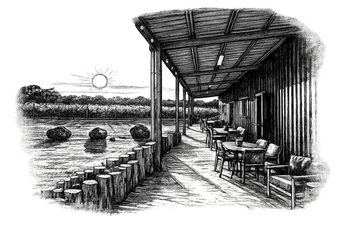 Pencil sketch illustration of a farm veranda with wooden tables and chairs under a covered porch, log edging along a path, boulders in the yard, and vineyard rows stretching to the horizon under a rising sun