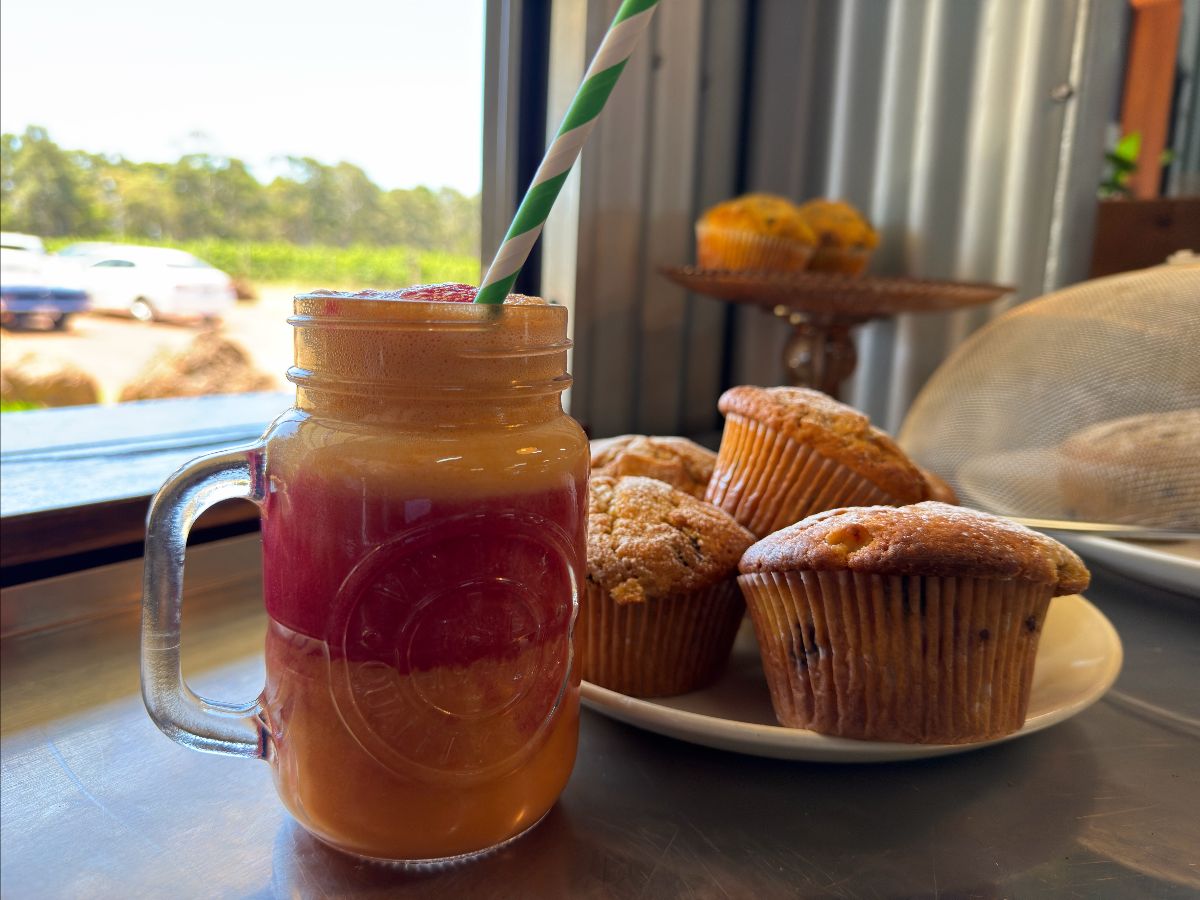A mason-jar mug filled with a layered red and golden juice drink with a green-striped paper straw, beside a plate of freshly baked muffins on a cafe counter with a farm view through the window