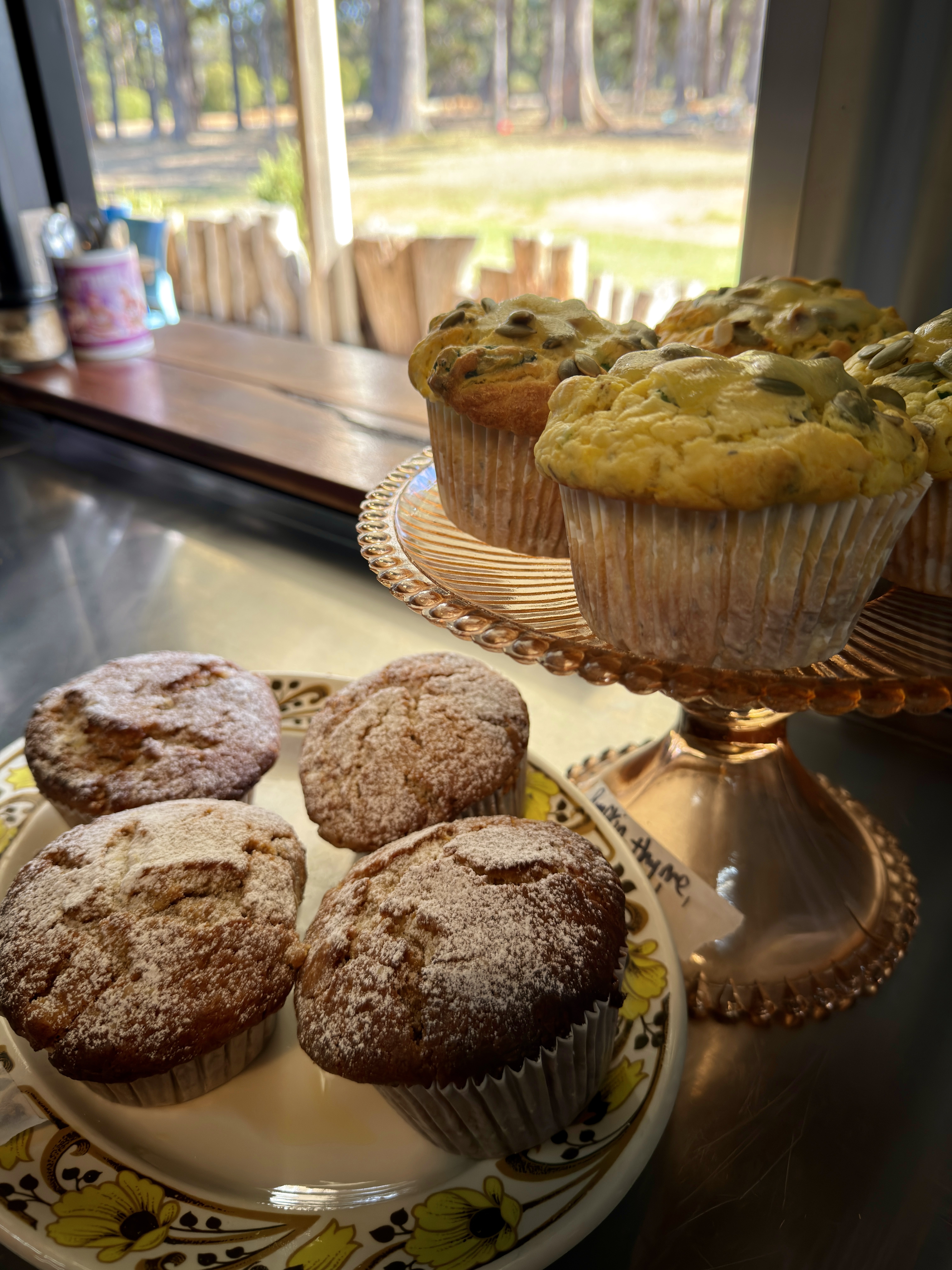 Four powdered-sugar muffins sit on a floral plate beside a glass cake stand holding several seed-topped muffins. The display is on a counter by a window with a blurred view of trees and a yard outside.