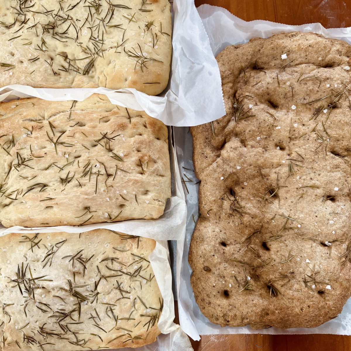Overhead view of three rectangular focaccia loaves topped with rosemary and coarse salt in parchment-lined pans beside one large oval focaccia on parchment. The breads sit on a wooden surface.