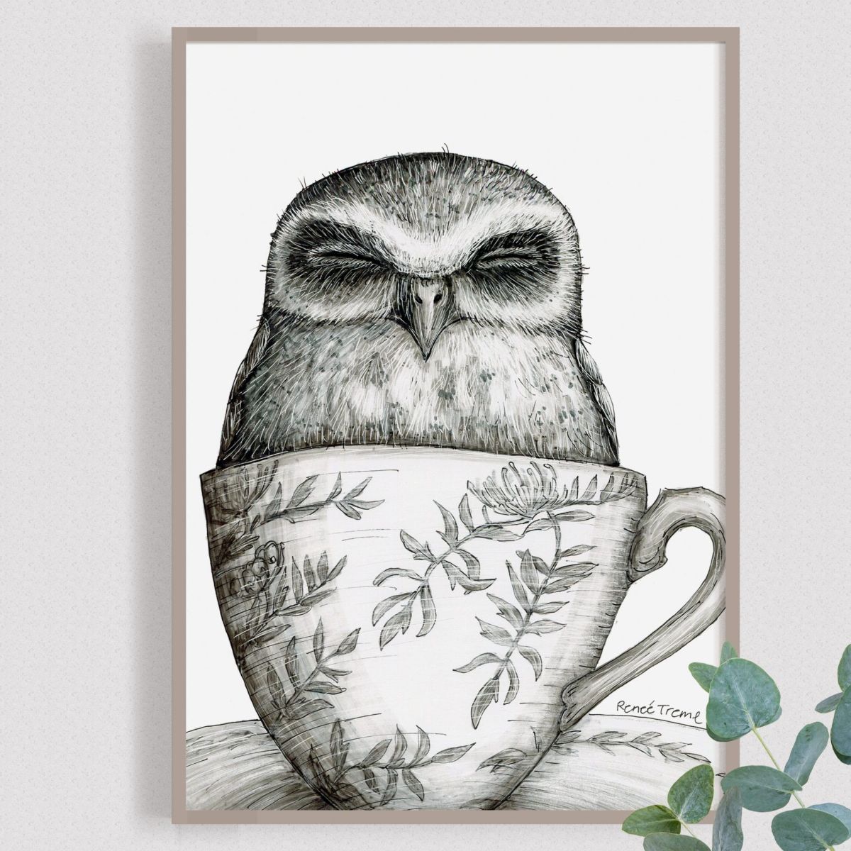 Black-and-white illustration of an owl with closed eyes sitting inside a large teacup decorated with leafy branches. The drawing is framed on a light background, with a small sprig of green leaves overlapping the bottom-right corner.