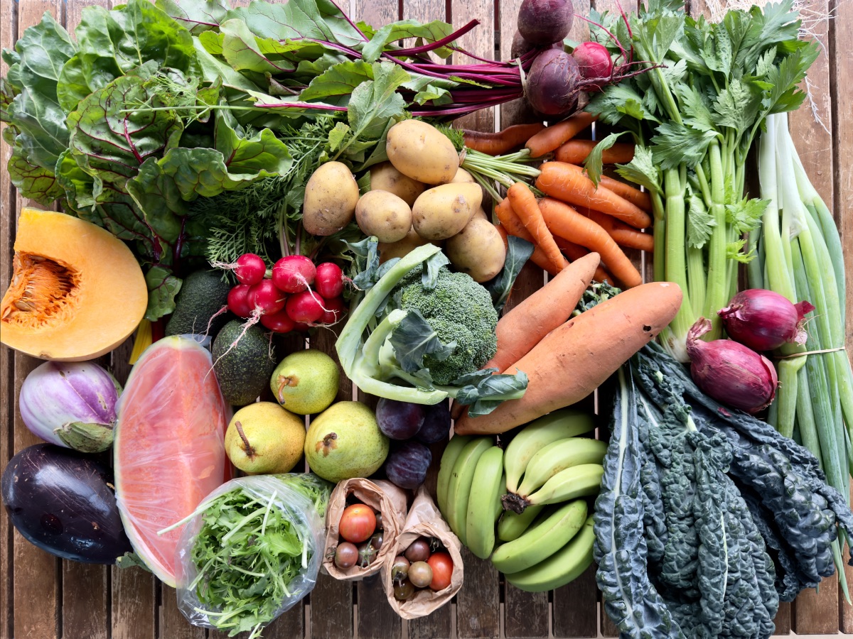 Assorted fresh produce spread on a wooden table, including leafy greens, beets, carrots, potatoes, radishes, celery, leeks, kale, broccoli, onions, and a halved squash. Also shown are bananas, pears, plums, tomatoes, and a wrapped salmon fillet.
