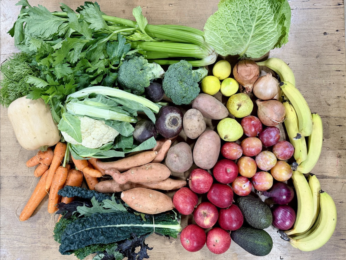 Assorted fresh produce arranged on a wooden table, including celery, herbs, cabbage, broccoli, cauliflower, carrots, sweet potatoes, potatoes, and turnips. A wicker tray holds apples, plums, pears, onions, lemons, avocados, and a bunch of bananas.