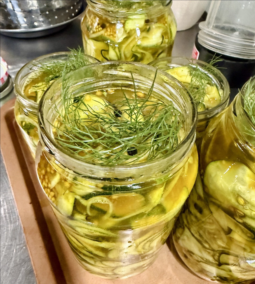 Several open glass jars filled with sliced cucumbers in brine, topped with sprigs of fresh dill. More jars and kitchen containers sit on a countertop in the background.