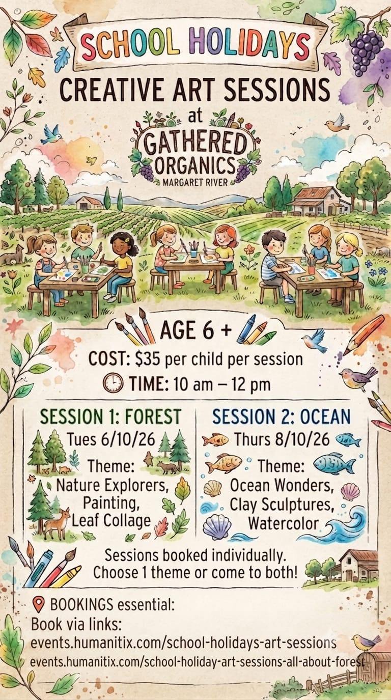 Watercolor-style advertisement reading “School Holidays Creative Art Sessions at Gathered Organics, Margaret River,” illustrated with children painting at tables in a farm landscape with vines, trees, and birds. Text lists age 6+, cost $35 per child, time 10 am–12 pm, and two sessions: Forest (Tue 6/10/26) and Ocean (Thurs 8/10/26), with booking links at the bottom.