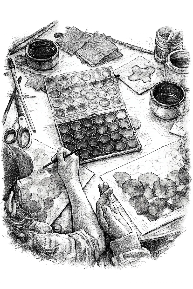 Overhead black-and-white illustration of a person painting at a table with a watercolor palette, brushes, scissors, jars, and scattered paper. Paint swatches and leaf-shaped cutouts are spread across the work surface.