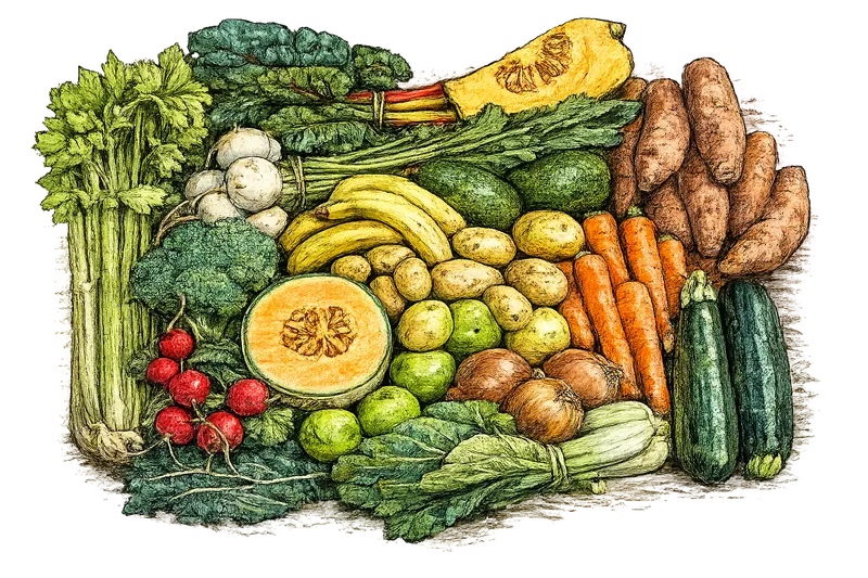 Illustration of assorted fresh produce piled together, including celery, leafy greens, radishes, broccoli, garlic, bananas, potatoes, apples, onions, carrots, zucchini, and sweet potatoes. A cut melon and a slice of squash sit near the center and top.