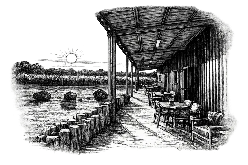 Black-and-white sketch of a covered porch beside a gravel car park, with tables and chairs lined up along a shed building. A row of short log posts borders the garden bed, with rocks bordering the car park and trees and grape vines in the background.