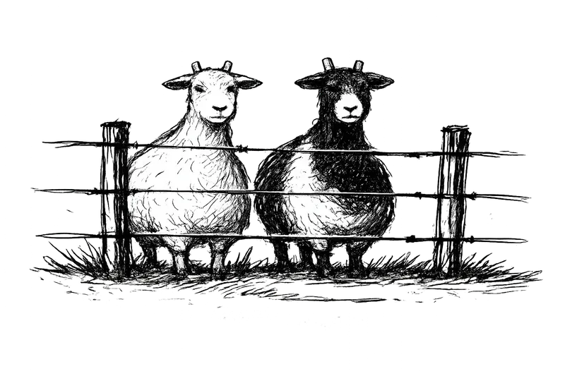 Two goats stand side by side behind a wooden fence, facing forward. The illustration is black and white with the left goat mostly white and the right goat mostly dark.